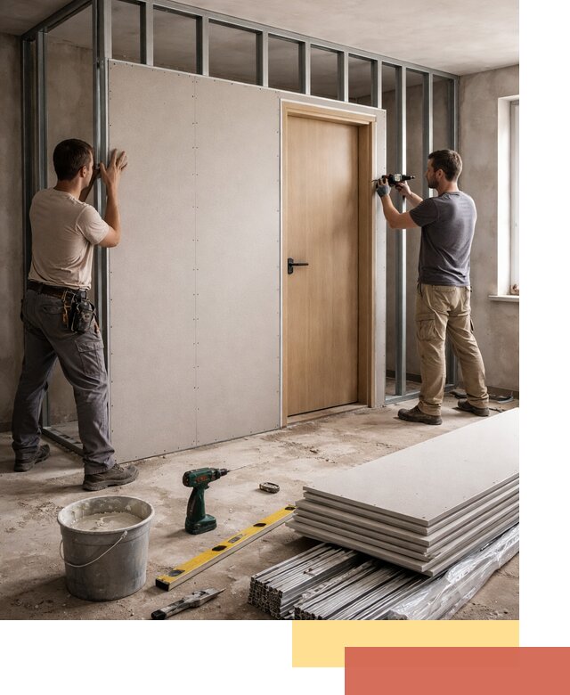 Перегородка из гипсокартона с дверью под ключ в Малоярославце