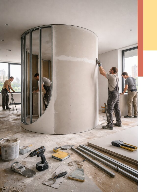 Радиусная перегородка из гипсокартона в Малоярославце от 2999 руб. под ключ | ОТДЕЛОЧНИК-Млр