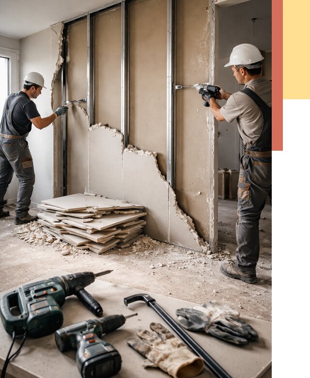 Демонтаж перегородки из гипсокартона в Малоярославце от 1241 руб. быстро и недорого | ОТДЕЛОЧНИК-Млр