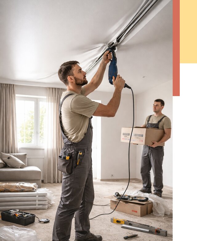 Монтаж сатинового натяжного потолка в Малоярославце от 3620 руб. | Быстро, недорого — ОТДЕЛОЧНИК-Млр