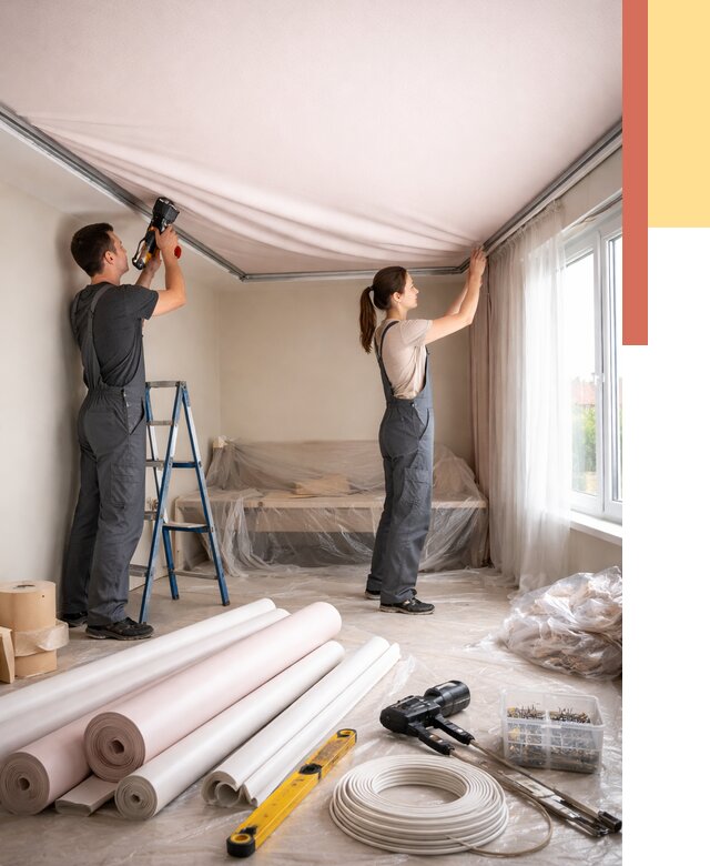 Монтаж цветного натяжного потолка в Малоярославце от 4344 руб/м² — быстро и недорого | ОТДЕЛОЧНИК-Млр