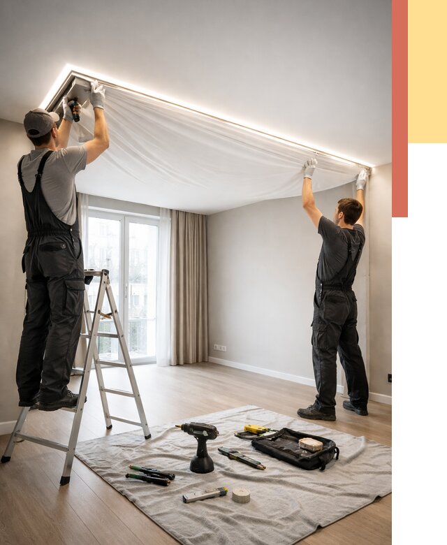 Монтаж парящего натяжного потолка в Малоярославце от 4654 руб. быстро и недорого | ОТДЕЛОЧНИК-Млр