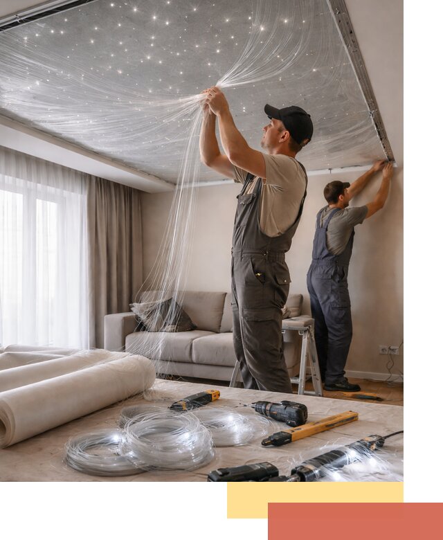 Монтаж натяжного потолка «Звездное небо» в Малоярославце