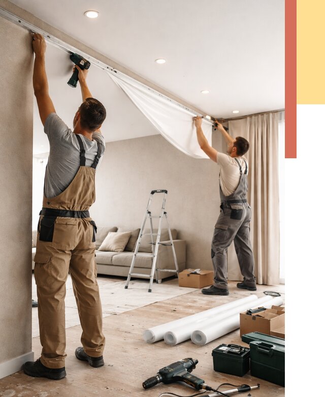 Монтаж натяжного потолка в гостиной в Малоярославце от 569 руб. | ОТДЕЛОЧНИК-Млр