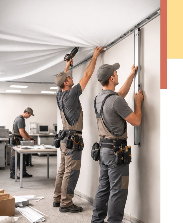 Монтаж натяжного потолка в офисе в Малоярославце от 465 руб/м² — быстро и недорого | ОТДЕЛОЧНИК-Млр