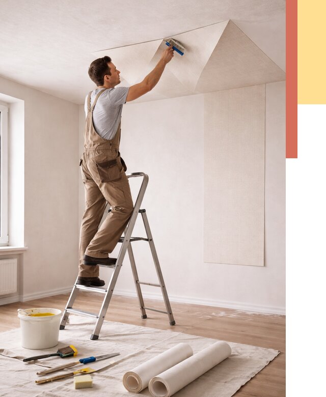 Поклейка обоев на потолок в Малоярославце от 4654 руб. быстро и недорого | ОТДЕЛОЧНИК-Млр